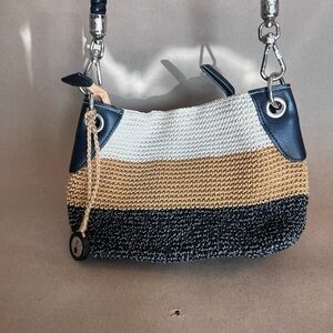The Sak Black Tan Cream Vertical Stripes Crochet Small Shoulder Bag Zip Closure